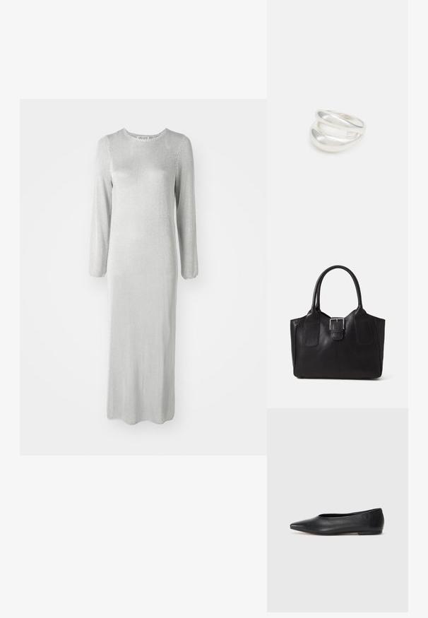 Long silver dress made from a textured fabric, featuring long sleeves and a round neckline with hem finishing at the ankle.; Black leather ballet flat, pointed toe, minimalistic design, smooth texture, low-profile heel, no visible hardware or embellishments.; Black leather tote bag with smooth texture, structured shape, two handles, and a prominent silver buckle detail on the front.; Silver double-band ring with a smooth, polished surface. Features a fluid, curved design with overlapping sections for a modern look.