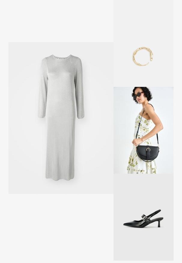 Garās sudraba kleitas, kas izgatavota no strukturēta auduma, ar garām piedurknēm un apaļu apkakli, kas beidzas pie potītēm.; Melnas lakotas ādas sūkņa kurpes ar norādītu purngali un mazu bloku papēdi, ar sudraba sprādzi akcentā uz jostas.; Melnas ādas rokassoma ar izliekta formu, noņemamu siksnu un zelta aksesuāriem. Somai ir vāciņš ar sprādzes detaļu.; Zelta toņa gredzens ar organisku, vērptu dizainu, gludu virsmu un sašaurinātiem galiem, radot mūsdienīgu, skulpturālu izskatu.