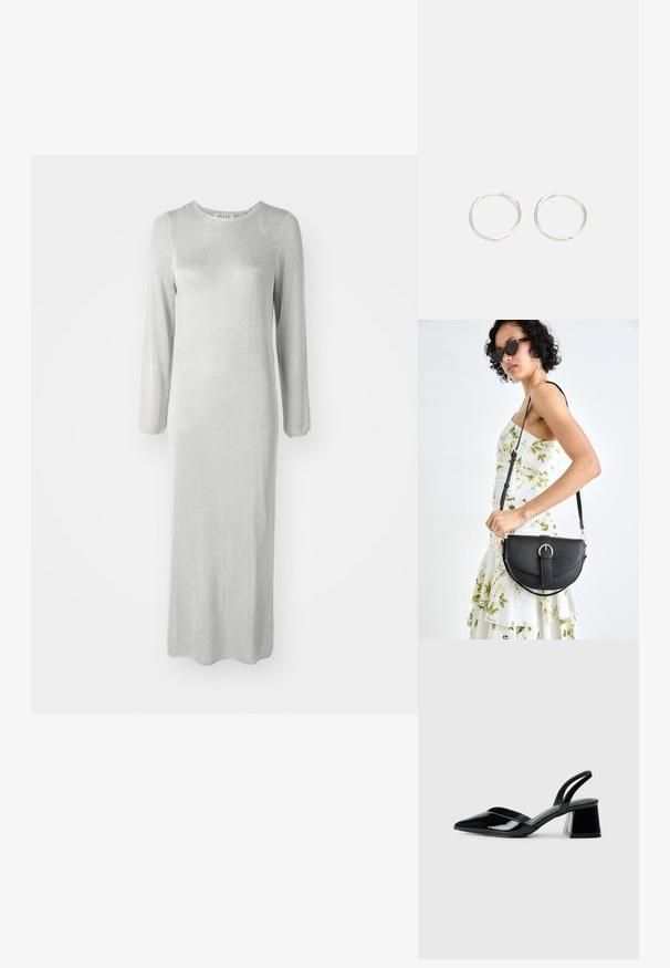 Ilga sidabrinė suknelė, pagaminta iš tekstūruoto audinio, su ilgu rankovėmis ir apvaliu kaklu, pasibaigiančia ties kulkšna.; Juodos lakuotos odinės šlepetės su smailiu pirštu ir geometriniu bloko kulnu. Turi elegantišką, minimalistinį dizainą ir lygų paviršių.; Juodas odinis krepšys su išlenkta forma, nuimamu dirželiu ir auksiniais detalėmis. Krepšys turi kilpą su sagtimi.; Sidabrinės auskarai žiedai su sėslia, apvalia forma, pasižymintys lygia paviršiumi ir be matomų puošmenų. Svoris nenurodytas.