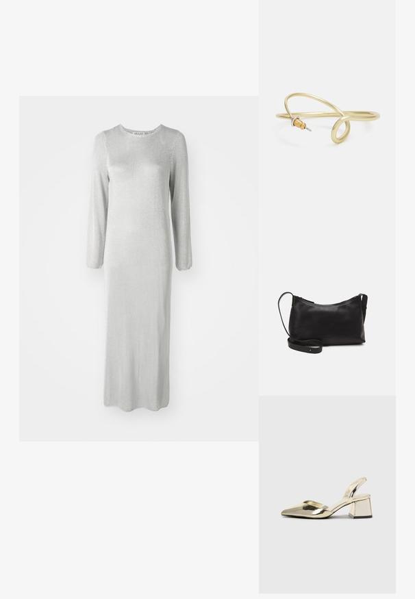 Pitkä hopea mekko, joka on tehty teksturoidusta kankaasta ja jossa on pitkät hihat sekä pyöreä pääntie. Helma ulottuu nilkkaan.; Kultaiset, metalliset slingback-kengät, joissa on teräväkärkiset ja paksut korot. Sileä pinta, minimalistinen muotoilu ja kapea hihna.; Musta nahkainen olkalaukku, jossa on sileä pinta, kaareva muoto, säädettävä hihna ja vetoketjukiinnitys. Minimalistinen muotoilu ilman koristeita.; Kultainen metallinen ranneketju, jossa on sulava ja kaareva muotoilu. Yhdessä päässä on pieni, hallitseva hopeanvärinen korostus.