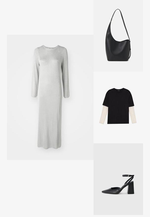 Lang silke kjole laget av et teksturert stoff, med lange ermer og rund hals, med slep som avsluttes ved ankelen.; Svart T-skjorte laget av bomull, med korte ermer over et hvitt langermet lag med en subtil teksturert mønster. Rund hals design.; Svart lær pumps med spiss tå, ankelrem og kraftig hæl. Flat tekstur, strømlinjeformet design og minimalisme.; Svart lær hobo-veske med glatt tekstur, buet form og enkelt justerbart stropp; har en bred åpning på toppen.