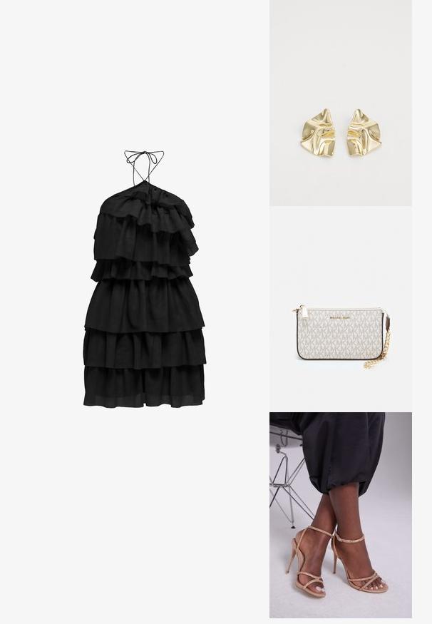 Svart klänning med lager av volanger, halterneck med knytband och en flödande silhuett. Tillverkad av lättviktsmaterial.; Beiga klacksandaler med kristalldekorationer, med öppen tå, tunna remmar och en slank silhuett.; Michael Kors handledos i beige belagd kanvas med ett upprepande MK-logomönster, gyllene detaljer och ett avtagbart kedjehandtag.; Guldmetallörhängen med en vågig design; slät, reflekterande yta; asymmetrisk form; inga synliga mönster eller hårdvara.