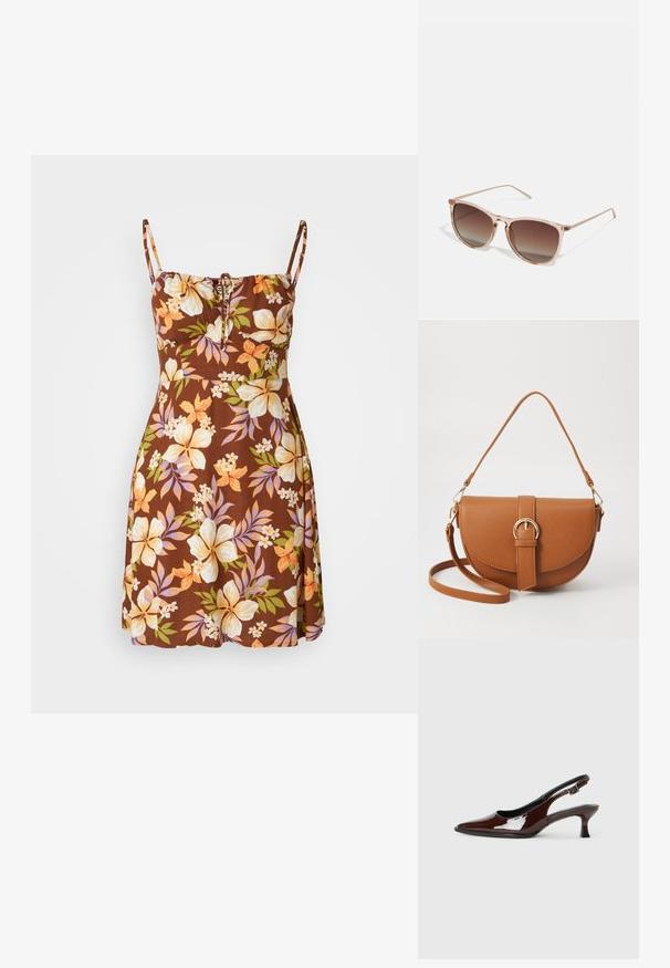 Robe florale marron avec des bretelles spaghetti réglables, présentant un détail à cordon au niveau de la poitrine. Motifs floraux en jaune, orange et violet.; Chaussure slingback en cuir verni marron avec un bout pointu et un talon modéré. Elle est dotée d'une sangle à boucle pour un ajustement sécuritaire. Texture lisse.; Lunettes de soleil dégradées marron avec une monture translucide rose, de forme carrée et des branches en métal fines. Présente des bords arrondis et un design minimaliste.; Sac bandoulière en cuir marron avec une forme incurvée, quincaillerie dorée et un accent en boucle. Comprend une bandoulière détachable.