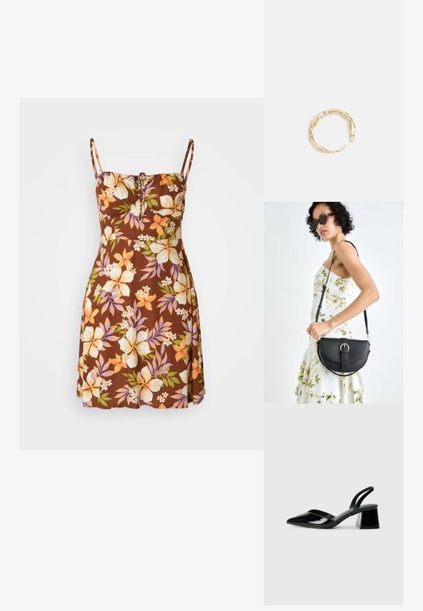 Robe florale marron avec des bretelles spaghetti réglables, présentant un détail à cordon au niveau de la poitrine. Motifs floraux en jaune, orange et violet.; Escarpins en cuir verni noir avec bout pointu et talon bloc géométrique. Présente un design élégant et minimaliste ainsi qu'une texture lisse.; Sac à main en cuir noir avec une forme courbée, bandoulière amovible et des accessoires en or. Le sac est doté d'un rabat avec un détail de boucle.; Bague en or ornée d'un design organique et torsadé, avec une texture lisse et des extrémités effilées, créant une apparence moderne et sculpturale.
