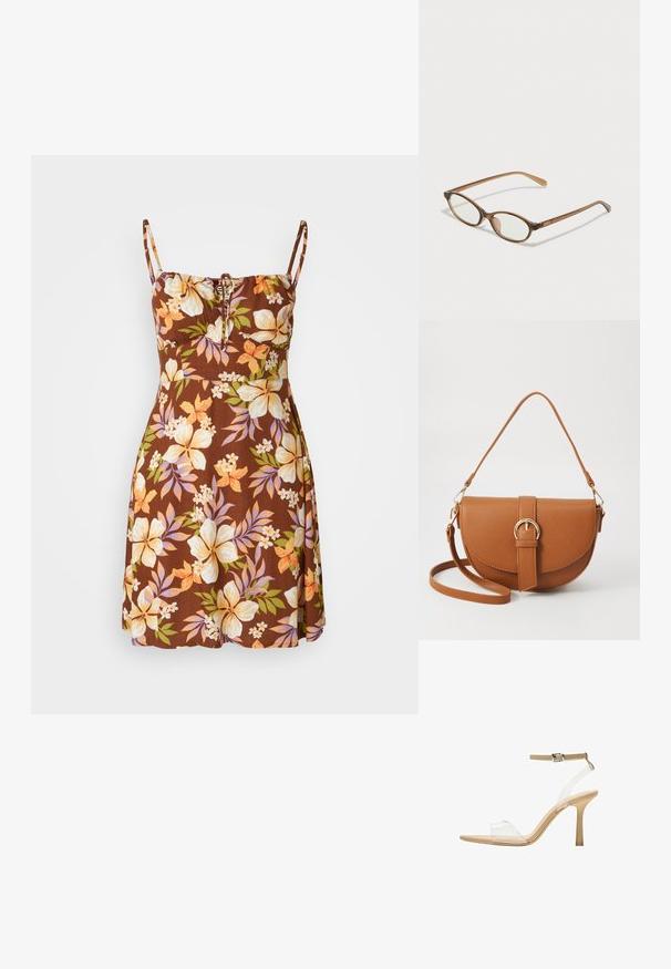 Brun blommig klänning med justerbara spaghetti-axelband, med en dragsko-detalj vid bysten. Blommönster i gult, orange och lila.; Klart häl sandal med en transparent ovandel, beige fotbädd och en smal ankelrem. Har en spetsig tå och en tunn hög klack.; Bruna sköldpaddsformade glasögon med ovala linser, tunna skalmar och transparanta detaljer. Innehåller en diskret logotyp på bågen. Snygg, lätt design.; Brun läder crossbody-väska med en böjd form, gyllene detaljer och en spänneaccent. Har en avtagbar axelrem.
