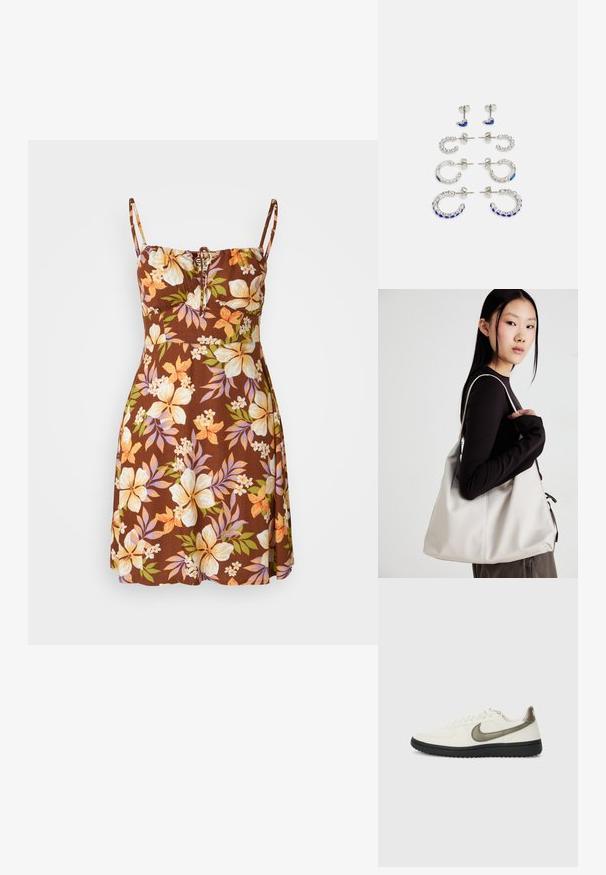 Bruine bloemenjurk met verstelbare spaghettibandjes, met een trekkoorddetail bij de buste. Bloemenpatronen in geel, oranje en paars.; Nike Sportswear FIELD GENERAL - Sneakers laag - off-white/black; Beige handtas gemaakt van zacht materiaal, met een slonzig ontwerp, gestikte details en twee schouderbanden. Geschikt voor dagelijks gebruik.; Set van zes oorbellen in zilverkleurig metaal. Bevat studs en hoepels met blauwe en heldere edelstenen, variërend in grootte en vorm.