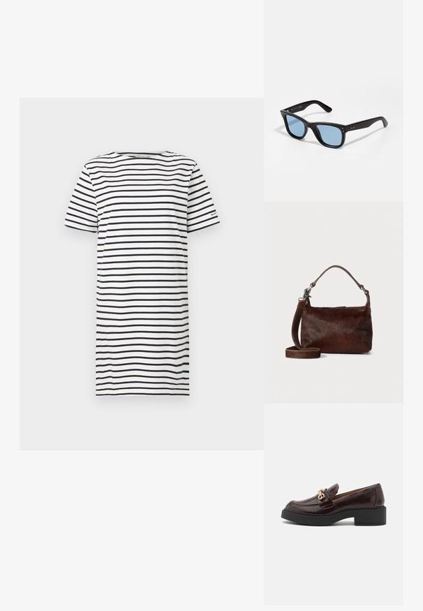 Svītraina T-kreklā ar apaļu kakla izgriezumu, īsām piedurknēm un brīvu piegriezumu. Krāsas ir jūras zilā un baltajā vertikālā svītrās.; Brūni ādas loaferi ar zelta akcentu sprādzi, melnu bloku papēdi un gludu tekstūru. Sānu skats izceļ noapaļoto purngalu un šūšanas detaļas.; Melni plastmasas saulesbrilles ar zili tonētām lēcām, kvadrātveida forma, cietas kājas un divi metāla akcenti priekšpusē blakus lēcām.; Brūnas ādas soma ar mīkstu, teksturētu kažokādas līdzīgu virsmu, plānu dizainu, īsu rokturi un noņemamu siksnu.