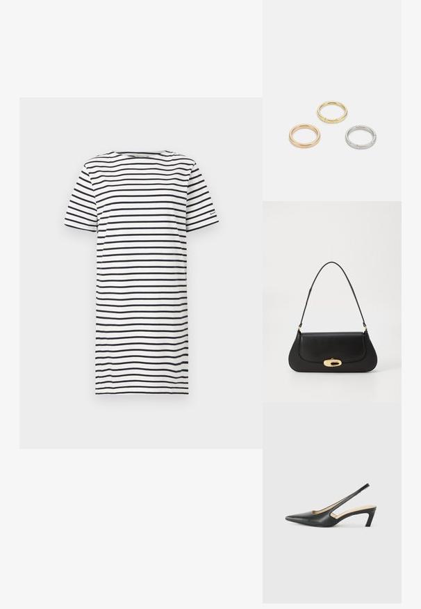 Prugasta majica s okruglim izrezom, kratkim rukavima i opuštenim krojem. Boje su tamnoplava i bijela, u horizontalnim prugama.; Črne čevlje s koničastimi nosovi in slingback obliko z nizko peto, izdelane iz gladke usnjene materiale ter s črtasto zasnovo na strani za prezračevanje.; Črna usnjena torba s ukrivljeno zasnovo, z zlatimi dodatki in zgornjim ročajem. Ima eleganten zapirni mehanizem in gladko teksturo.; Trije kovinski prstani: eden rožnato zlati, eden zlat z teksturiranimi detajli in eden srebrn, vsi z vgraviranim logotipom na notranji strani.