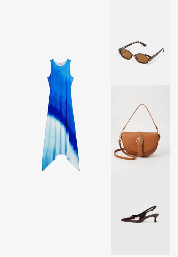 Rankovėmis nesmurktas, iki kulkšnies ilgio suknelė su gradientine spalva mėlynos ir baltos atspalvių. Minkšta, plaukianti medžiaga su asimetriška apatine linija.; Rudos lakuoti odiniai slingback batai su smailiu pirštu ir vidutinio aukščio kulnu. Yra sagties dirželis, užtikrinantis tvirtą prigludimą. Lygus paviršius.; Kaktašiai akiniai nuo saulės su ovaliais objektyvais, rudi, ploni laikikliai su tekstūruotu raštu, lengvas plastikinis rėmas.; Ruda odinė kryžminė rankinė, turinti kreivą formą, auksinius metalinius elementus ir sagtį. Yra nuimama petneša.