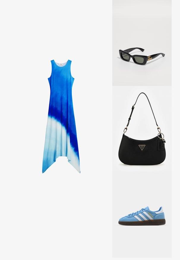 Hame pitkä, ilman hihoja oleva, joissa on liukuvärjäysvaikutus sinisen ja valkoisen sävyissä. Pehmeää, valuvaa kangasta, jossa on epäsymmetrinen helma.; Vaaleansiniset mokkasiinit, joissa on valkoiset nahkastripit, ruskea teksturoitu pohja ja kultainen logotiedote. Matala malli, jossa on pyöreä kärki.; Musta suorakulmainen aurinkolasit tummanvihreillä linsseillä, joissa on kiiltävä kultainen logo sivulla. Suuri muovikehys rohkealla suunnittelulla.; Musta synteettinen olkalaukku, jossa on kaareva siluetti, teksturoitu pinta, kultainen kolmion logo ja irrotettavat varusteet.