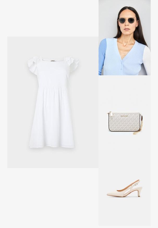 Balta kleita ar īsām, rautām piedurknēm, kvadrātveida dekoltē un sašutu jostasvietu, izgatavota no teksturēta auduma ar smalku rakstu.; Baltas siksniņveida papēdis ar smailu purngalu, gludu augšējo materiālu, zemu blokpapēdi un sānu izgriezumu dizainu ar regulējamu sprādzi.; Apaļas saulesbrilles ar tumšiem objektīviem un zeltītām rāmēm. Modelis valkā gaiši zilu, ribotu kardigānu ar pogām un kontrastējošām baltām piedurknēm.; Michaela Korsa rokassomi bez̦ā īšojuma, kas izgatavota no apklāta kanvas, iekļaujot atkārtotu MK logotipa rakstu, zelta aparatūru un noņemamu ķēdes siksnu.