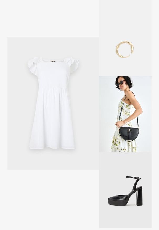 Vestido blanco con mangas cortas y acampanadas, escote cuadrado y cintura fruncida, hecho de una tela texturizada con un patrón sutil.; Zapatos de tacón negro con punta afilada y correa ajustable en el tobillo. Confeccionados en cuero suave, presentan un tacón grueso.; Bolso de piel negra con forma curva, correa desmontable y herrajes dorados. El bolso cuenta con una solapa con un detalle de hebilla.; Anillo en tono dorado con un diseño orgánico y retorcido, con una textura suave y extremos cónicos, creando una apariencia moderna y escultórica.