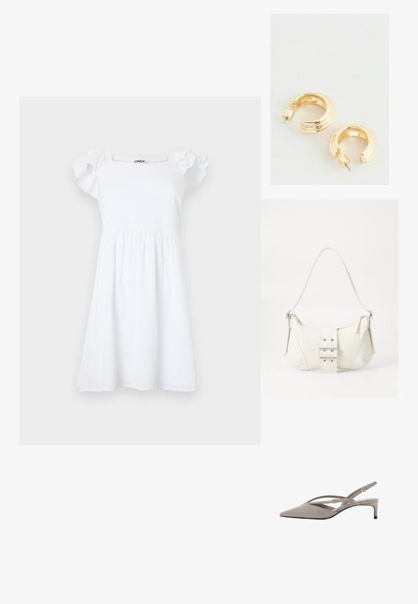 Bijela haljina s kratkim, nabranim rukavima, kvadratnim dekolteom i skupljenim strukom, izrađena od teksturirane tkanine s suptilnim uzorkom.; Bež sandale sa špicastim vrhom, tankim ukriženim trakama i kratkim potpeticama. Glatka tkanina s dodatnim zlatnim detaljima.; Bijela torbica s teksturiranim završetkom, središnjim detaljem kopče i zakrivljenim oblikom. Rajsferšlusi sa svake strane.; Zlatne kružne naušnice s poliranim završetkom, koje imaju urezani dizajn i zatvaranje na kopču. Okrugli, debeli oblik.