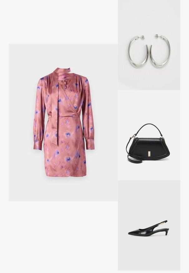 Satinist mähkmekleit pehmes roosas, siniste ja lillade abstraktsetega, pika varrukaga ja lipsu kaeluse detailiga. Alläär ulatub reie ylesse.; Mustad nahast slingback kontsad terava ninaga, millel on õhuke konts ja kuldse tooni aktsent reguleeritaval rihmal. Sile tekstuur.; Must mustrist käekott, millel on struktureeritud disain, lühendatud kuju, ülemine käepide ja kuldne metallist detail. Reguleeritav õlalihm on kaasas.; Hõbe rõngas kõrvarõngad, millel on sujuv ja kõver kuju. Omab läikivat metallist viimistlust ja nupuga sulgemist. Pole nähtavaid mustreid ega aksessuaare.