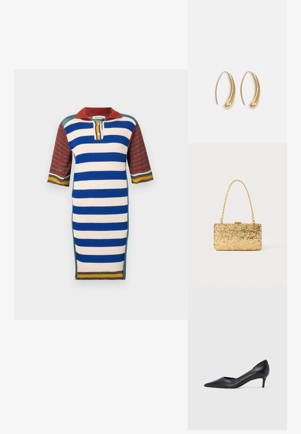 Vestido listrado em malha canelada; apresenta um colarinho vermelho, mangas curtas e uma mistura de cores azul, branco, verde e amarelo. Botões no decote.; Sapato de salto alto preto em pele com bico fino e salto baixo. Apresenta uma textura suave e brilho subtil. Corte aberto na parte da frente para um detalhe adicional.; Clutch dourada em lantejoulas com formato retangular, apresentando uma alça de corrente torcida e um fecho de metal, refletindo a luz com um acabamento texturizado.; Brincos em metal dourado com forma de arco alongado e curvado. Apresentam uma superfície lisa e brilhante, com uma ponta arredondada para um detalhe adicional.