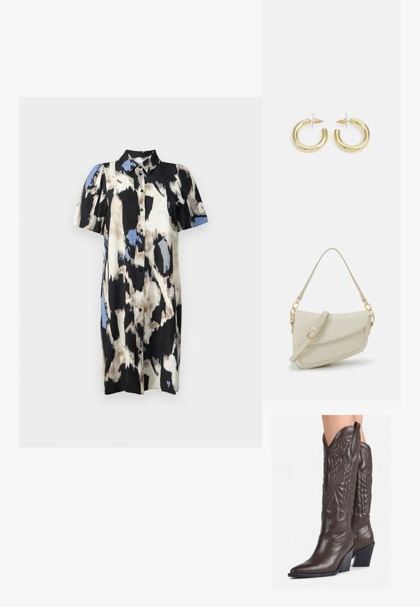 Sukienka koszulowa z krótkim rękawem w czarny, biały i niebieski abstrakcyjny wzór, z guzikiem z przodu i kołnierzykiem, wykonana z lekkiego materiału.; Brązowe skórzane kowbojki z noskiem w kształcie migdała i blokowym obcasem, z detalicznym przeszyciem i podniesionymi akcentami na cholewce.; Mała torebka w kolorze kremowym z teksturowanym wykończeniem, długim regulowanym paskiem, akcentem z łańcucha oraz zapięciem na klapkę. Wykończenia w kolorze złotym.; Złote kolczyki w kształcie kółek o gładkim, błyszczącym wykończeniu. Okrągły design z małym klipsem i przezroczystym zapięciem zapewniającym bezpieczne noszenie.
