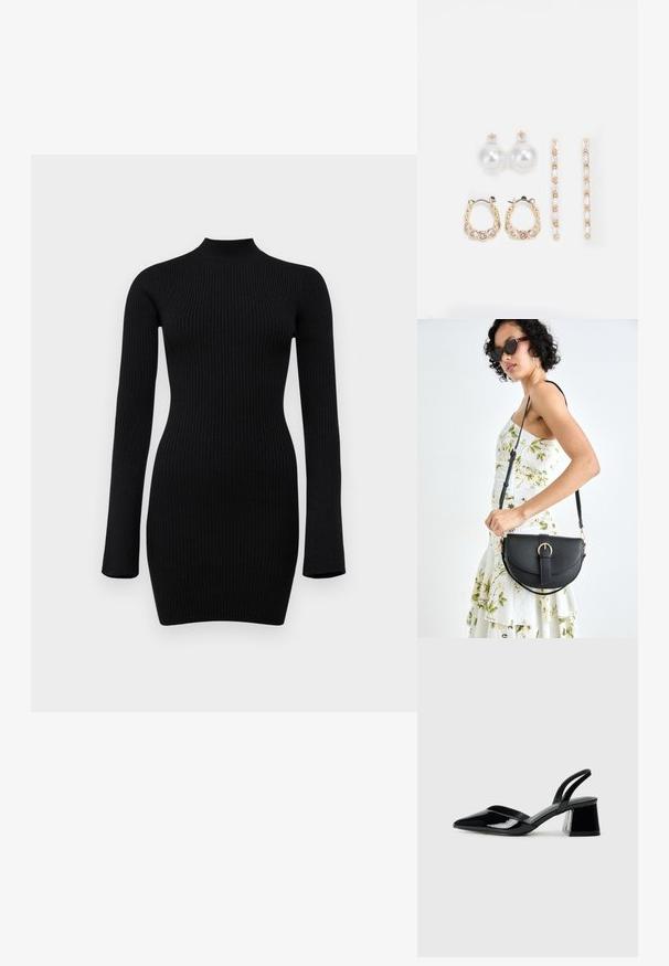 Čierne rebrované pletené šaty s dlhým rukávom a vysokým výstrihom, s priliehavým strihom, hladkou textúrou a dĺžkou po stred stehien.; Čierne lakované kožené sandálové podpätky s špicatou špičkou a geometrickým blokovým podpätkom. Disponujú elegantným, minimalistickým dizajnom a hladkým povrchom.; Čierna kožená kabelka s zaobleným tvarom, odnímateľným popruhom a zlatými doplnkami. Kabelka má klopu s detailom s prackou.; Tri páry náušníc: veľké biele perlové náušnice, zlaté kruhové náušnice s priehľadnými drahými kameňmi a dvoje dlhé, priamé zlaté akcentové náušnice so trblietavými detailmi.
