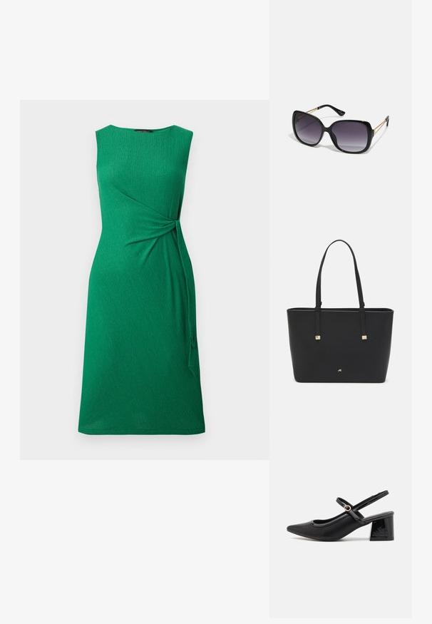 Zelena brezrokavnica iz teksturirane tkanine, z drapiranim sprednjim delom, stranskim zavezovanjem in okroglim izrezom.; Črne patentne usnjene salonarce s slingback obliko, s koničastim nosom, zaobljenim izrezom in blok peto. Imajo zlato kovinsko zaponko kot dodatno okrasje.; Črne prevelike sončne očala z degradacijskimi lečami, debelimi okvirji in zlatimi verižicami na ročajih.; Črna torba iz sintetičnega materiala, preproste pravokotne oblike, z zlatimi kvadratnimi detajli in dvojnih ročajem.