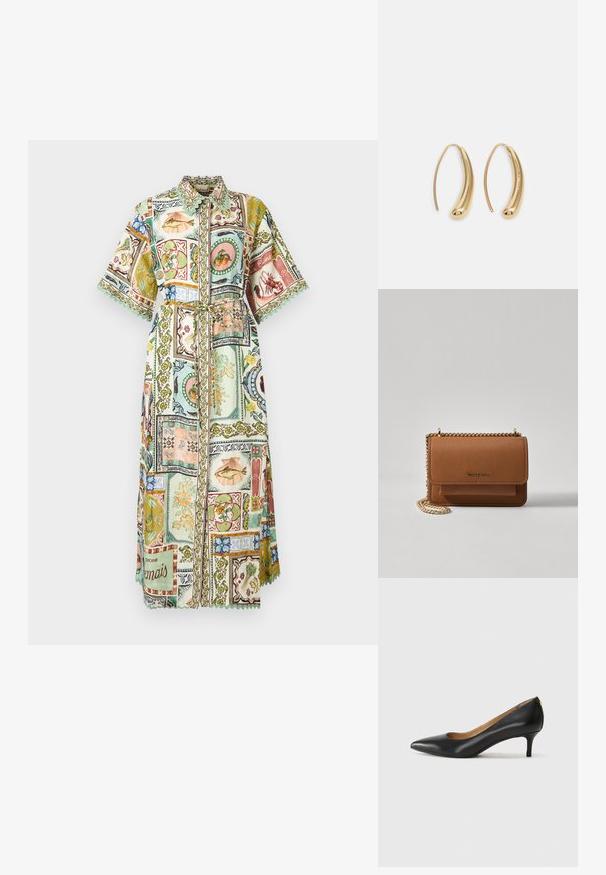 Abito camicia lungo con colletto e maniche ampie, cintura e design a patchwork che presenta frutti di mare, frutta, fiori e bordi decorativi in toni pastello.; Décolleté in pelle nera con punta affilata, tacco basso e texture liscia. Presenta un leggero apertura sulla parte anteriore e hardware minimale sul retro.; Borsa a tracolla in pelle marrone con texture, dotata di catena dorata e chiusura a pattina. Sul davanti presenta un dettaglio con logo e una tasca sotto la pattina.; Orecchini a cerchio in metallo color oro con forma curva ed allungata. Presentano una superficie liscia e lucida e una punta arrotondata per un tocco di dettaglio in più.