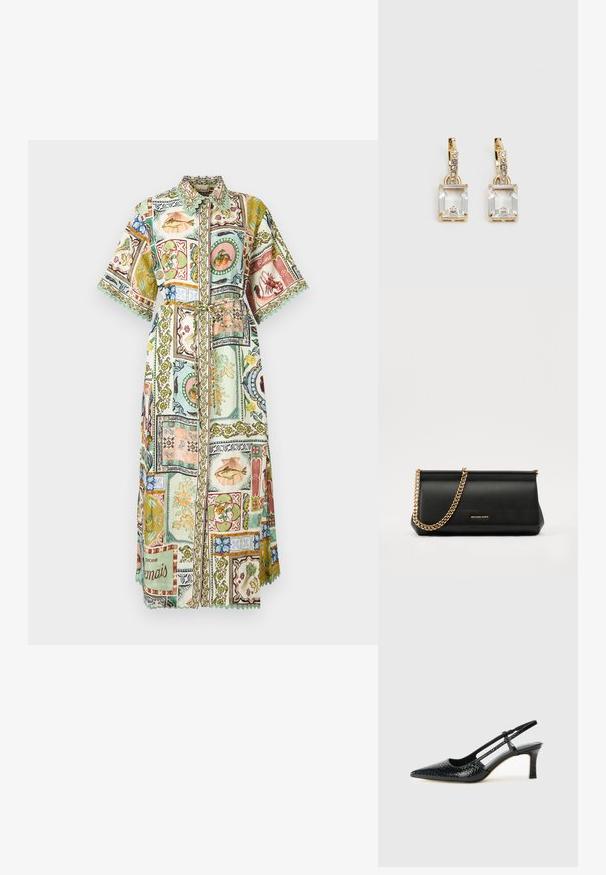 Langärmeliges Hemdkleid mit weitem Kragen, breiten Ärmeln, Gürtel und Patchwork-Design mit Meeresfrüchten, Obst, Blumen und dekorativen Rändern in pastellfarbenen Tönen.; Schwarze Lack-Slingback-Pumps mit spitzem Zehenbereich, versehen mit strukturiertem Schlangenprint, verstellbarem Riemen und einem kurzen, strukturierten Blockabsatz.; Schwarze Leder-Clutch mit einer goldenen Ketten-Trage, die eine glatte Oberfläche, rechteckige Form und geprägtes Branding auf der Vorderseite aufweist.; Ohrringe in Goldfarbe mit einem rechteckigen, durchsichtigen Kristall, der unter einer Reihe kleiner, runder klarer Akzente hängt. Elegantes, modernes Design.