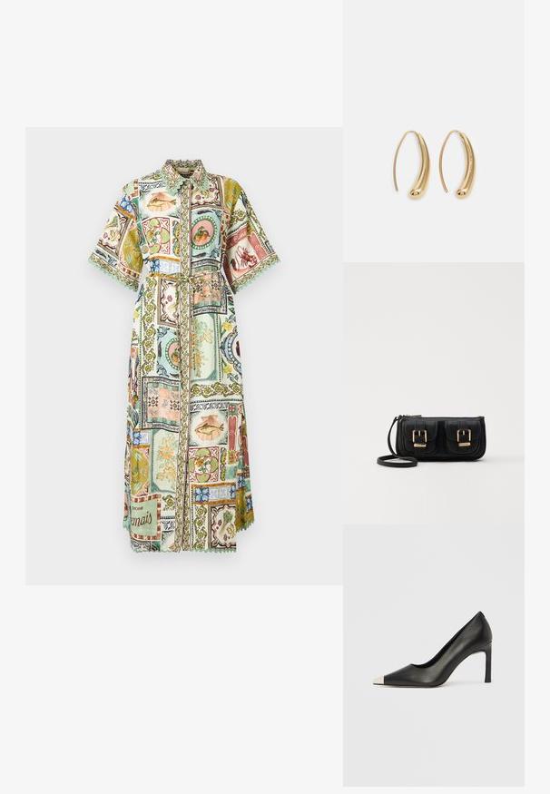 Abito camicia lungo con colletto e maniche ampie, cintura e design a patchwork che presenta frutti di mare, frutta, fiori e bordi decorativi in toni pastello.; Scarpa con tacco alto in pelle nera con punta affilata e cappuccio metallico argento. Presenta una finitura liscia e un tacco sottile di 10 cm.; Borsa a tracolla nera in pelle con due tasche frontali, fibbie dorate, chiusura con zip e una tracolla sottile. Superficie texturizzata e forma rettangolare compatta.; Orecchini a cerchio in metallo color oro con forma curva ed allungata. Presentano una superficie liscia e lucida e una punta arrotondata per un tocco di dettaglio in più.