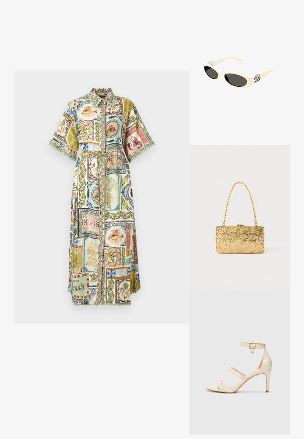 Pitkä, kauluspaitamainen mekko, jossa on leveät hihat, vyö ja päällekkäin ommeltu kuviointi, jossa on merenantimia, hedelmiä, kukkia ja koristeellisia reunoja vaaleissa sävyissä.; Beige korkokengät, joissa on ohut nilkkaremm ja kaksi yläremmiä. Kiiltävä patenttiviimeistely ja kultaiset yksityiskohdat nilkkaremmin kohdalla.; Kermanväriset aurinkolasit, joissa on soikeat linssit, musta sävy ja metalliset logoelementit tempuissa. Tasainen pinta, kissamainen muotoilu.; Kultaiset paljetti-clutchet, joissa on suorakulmainen muotoilu, kierretty ketjukahva sekä metallinen lukitus, heijastavat valoa teksturoidun pinnan ansiosta.