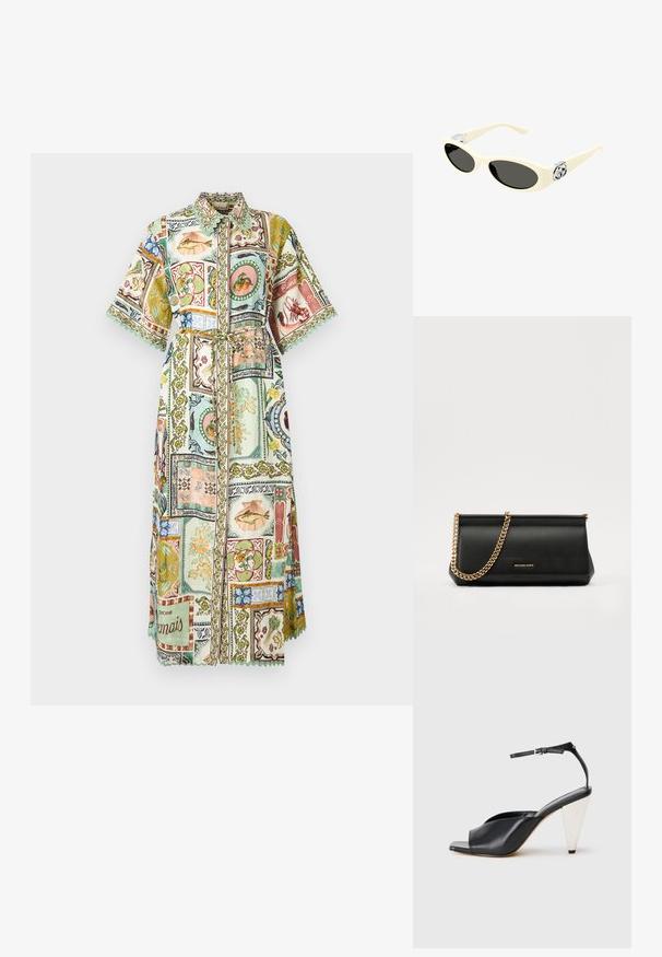 Garšs, ar apkakli krekla kleita ar platām piedurknēm, jostu un apdruku, kas sastāv no jūras veltēm, augļiem, ziediem un dekoratīviem ietvariem pasteļtoņos.; Melnas ādas augstpapēžu sandales ar atvērto purngali, asimetrisku dizainu, potītes siksniņu un metāla koniskām papēžiem. Virsma ir gluda.; Kremkrāsas sauļošanās brilles ar ovālām lēcām, melnu tonējumu un metāla logotipa akcentiem pie tempļiem. Gluda tekstūra, kaķa acs dizains.; Melns ādas apliecības soma ar zelta ķēdes siksnu, ar gludu tekstūru, taisnstūra formu un izspiestu zīmolu uz priekšpuses.