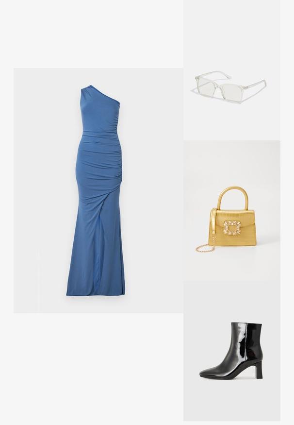 Vestido azul de um ombro feito de tecido elástico, com detalhes em franzido, uma silhueta elegante e uma bainha esvoaçante.; Botim de tornozelo em pele sintética preta com bico apontado e salto bloco de altura média. Textura suave e design minimalista.; Óculos quadrados de plástico transparente com lentes translúcidas, apresentando detalhes em dourado nas hastes.; Bolsa amarela em pele de crocodilo falsa, com um design estruturado, pega no topo, alça de corrente removível e decoração de cristal no fecho.