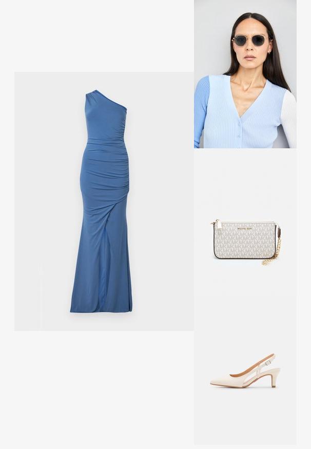 Jednoduchá modrá róba na jedno rameno vyrobená z elastického materiálu, s riasením, elegantným strihom a rozšíreným lemom.; Biele slingback topánky na podpätku s ostrou špičkou, hladkým vrchným materiálom, nízkym blokovým podpätkom a bočným výrezom s nastaviteľným remienkom na pracku.; Okrúhle slnečné okuliare s tmavými šošovkami a zlatým rámom. Modelka má na sebe svetlomodrý pletený kardigán s gombíkmi a bielymi rukávmi v kontraste.; Michael Kors zápästná taška v béžovej potiahnutej plátenej tkanine s opakujúcim sa vzorom loga MK, zlatým kovania a odnímateľným reťazovým popruhom.