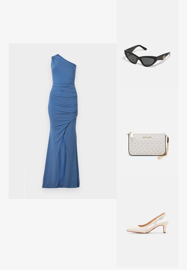 Ühe õla kätkekev sinine kleit, mis on valmistatud venivast kangast, millel on ruššimisdetailid, voolav siluett ja laienev äär.; Valge slingback konts, terava ninaga, siledast ülemisest materjalist, madala ploki kontsaga ja külgse nähtavusega ning reguleeritava pandla rihmaga.; Kassionkoodiga päikeseprillid, millel on mati must plastraam, tumedad objektiivid ja kuldne logo aksent templis. Nurgaeline disain ja sile tekstuur.; Michael Korsi randmevõru beige kaetud kangast, millel on korduv MK logo muster, kuldne riistvara ja eemaldatav ahelistrap.