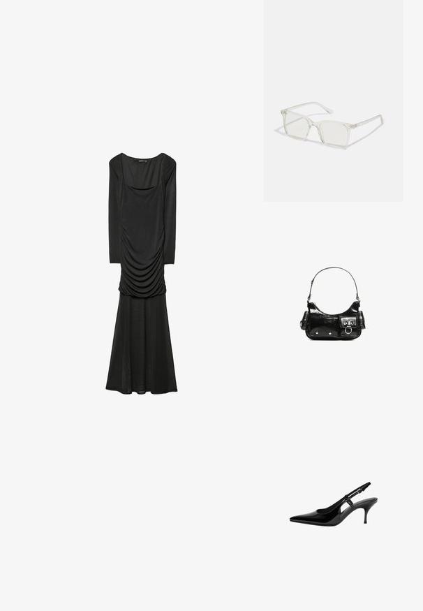 Schwarzes langärmliges Kleid mit U-Ausschnitt und gerafftem Oberteil. Fließender Rock mit weicher Textur, der einen voluminösen Saum hat.; Schwarze Lackleder-Slingback-Pumpe mit spitzem Zehenbereich, offenen seitlichen Ausschnitten, schlanker Absatz und verstellbarem Knöchelriemen.; Klare, quadratische Kunststoffbrillen mit durchsichtigen Gläsern, die goldene Akzente an den Bügeln für zusätzliche Details aufweisen.; Schwarze Lackleder-Handtasche mit geschwungenem Design, einem Schulterriemen, Vordertaschen und silberfarbenen Hardware-Akzenten.
