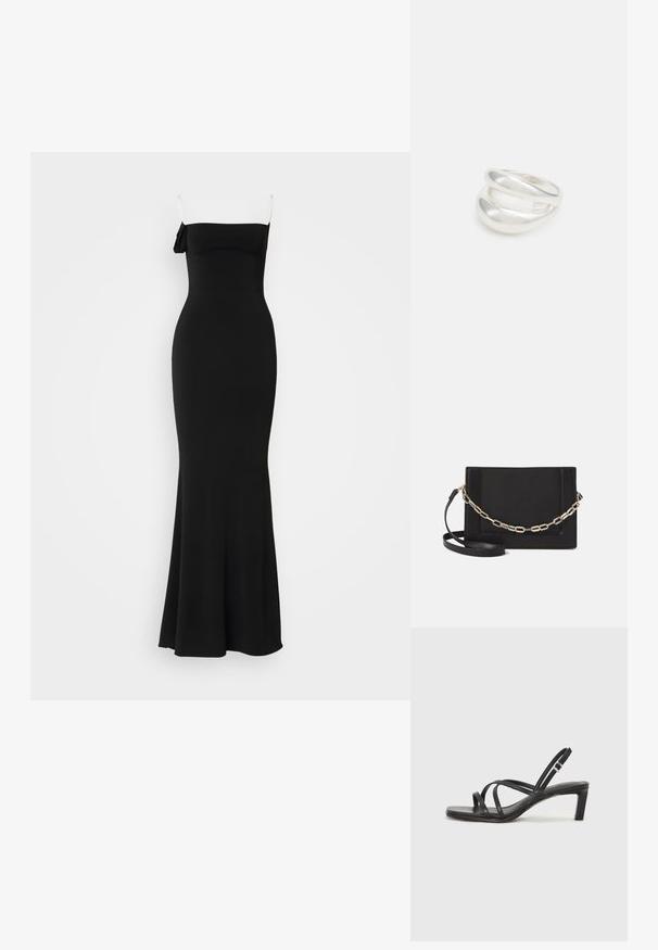 Juodas, prie kūno prigludęs, grindis siekiantis suknelė su plonais petnešomis ir kaspinu ant vieno peties. Pagaminta iš glotnaus, tampraus audinio.; Juodi šlepetės su kvadratiniu pirštu ir žemu bloku kulnu. Yra keli ploni dirželiai ir reguliuojamas kulkšnies diržas. Pagaminti iš lygios odos.; Juodas odinis per petį nešiojamas krepšys turi lygų paviršių, stačiakampio formą ir metalinę grandinėlę priekyje. Pridedama reguliuojama dirželis.; Sidabrinis dvigubas žiedas su lygiu, poliruotu paviršiumi. Pasižymi sklandžiu, kreiptu dizainu su persipinančiomis dalimis, suteikiančiomis modernų išvaizdą.