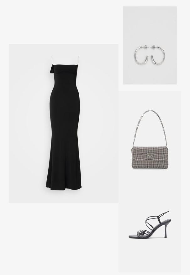 Rochie neagră, mulată, până la podea, cu bretele subțiri și un detaliu în formă de fundiță pe un umăr. Fabricată dintr-un material moale și elastic.; Sandale negre cu toc înalt au curele subțiri cu un design legat, un vârf pătrat neted și un toc stiletto elegant.; Geantă metalică gri deschis, cu un strap din lanț, decorată cu mici ținte circulare metalice și un logo de marcă triangular.; Cercei rotunzi din argint cu un finisaj neted și strălucitor. Design ușor, având o formă rotundă și închidere cu tijă.