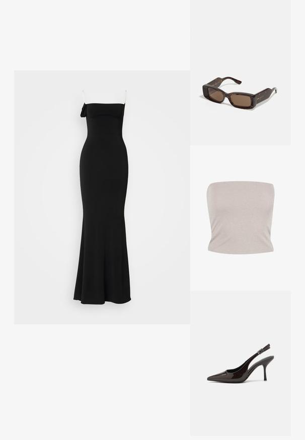 Juodas, prie kūno prigludęs, grindis siekiantis suknelė su plonais petnešomis ir kaspinu ant vieno peties. Pagaminta iš glotnaus, tampraus audinio.; Šviesiai bežinė trikotažo bandeau palaidinė su subtiliu blizgesiu, pasižyminti prigludusia forma ir lygiu paviršiumi, turinti tiesų iškirpimą.; Blizganti tamsiai ruda lakinės odos aukšto kulno bateliai, smailus nosis, atviros šoninės dalys ir reguliuojamas kulkšnies dirželis.; Gucci akiniai su stačiakampiais rudi objektyvais, vėžlio kiauto acetato rėmu ir auksiniu logotipu šventyklose.