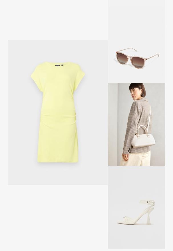 Rumena kratkodlaka obleka iz mehkega blaga. Ima sproščen kroj z nabranimi stranicami in dolžino do kolen. Preprost dizajn, brez vzorcev ali dodatkov.; Sandal z visoko peto z naramnicami v beli usnjeni izvedbi s popolnim dizajnom, prozorno blok peto in dekorativnim elementom na prstih.; Rjavi gradient sončna očala s prozornim roza okvirjem, kvadratne oblike in tankimi kovinskimi ročaji. Imajo zaobljene robove in minimalne detajle.; Bela strukturirana torba z kratkimi ročaji in naramnim trakom, z zlatimi okrasnimi elementi in teksturiranim materialom, prikazana na sivi podlagi.