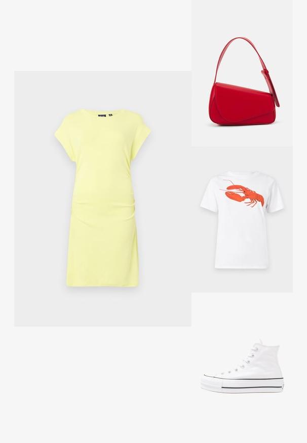 Rumena kratkodlaka obleka iz mehkega blaga. Ima sproščen kroj z nabranimi stranicami in dolžino do kolen. Preprost dizajn, brez vzorcev ali dodatkov.; Bela bomba iz bombaža z velikim, svetlo rdečim grafikonom jastreba na sprednji strani. Kratki rokavi in standarden kroj s okroglim izrezom.; Beli visoki platneni športni čevelj z črnim gumijastim podplatom, sprednjim gumijastim zaščitnikom za prste in šestimi luknjicami za vezalke, ki se ponaša s preprostim, minimalističnim dizajnom.; Rdeča usnjena torba z angularnim, geometrijskim dizajnom. Ima en samostoječ nastavljiv ročaj in pokrov, zaprt z zapiranjem, ki je okrašen s šivi.