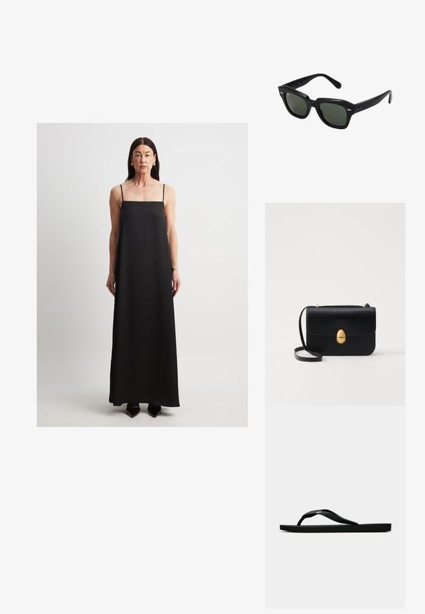 NA-KD DÜNNE TRÄGER - Maxi šaty - black; Čierne gumené žabky s textúrovaným popruhom a jednoduchou plochou podrážkou, zobrazené z boku na jednofarebnom svetlom pozadí.; Čierne slnečné okuliare štvorcového tvaru s tmavozelenými sklami, s výraznými rámami a striebornými akcentmi po stranách. Vyrobené v Taliansku.; Čierna kožená kabelka so štruktúrovaným obdĺžnikovým tvarom. Obsahuje zlaté oválne zapínanie a tenký ramenný popruh. Hladká textura.