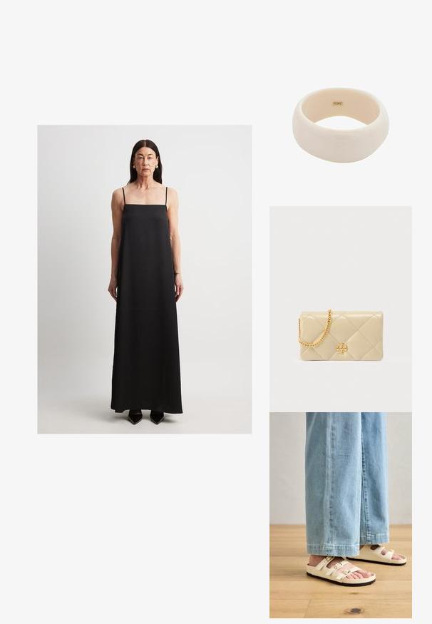 NA-KD DÜNNE TRÄGER - Maksikleit - black; Heled kreemjad sandaalid kolme reguleeritava rihmaga, kuldsete pandlitega ja tekstuuriga musta tallaga, kombineeritud helesiniste laia säärega teksadega.; Beežtooni tikitud nahast käekott kuldse kett-rihma ja logoga esiküljel. Sile pind teemantmustrilise õmblusega.; Läikiv beez käevõru, mis on valmistatud siledast vaigust. Ümar kuju, ühtlane pind ja väike kullast logo siseküljel.