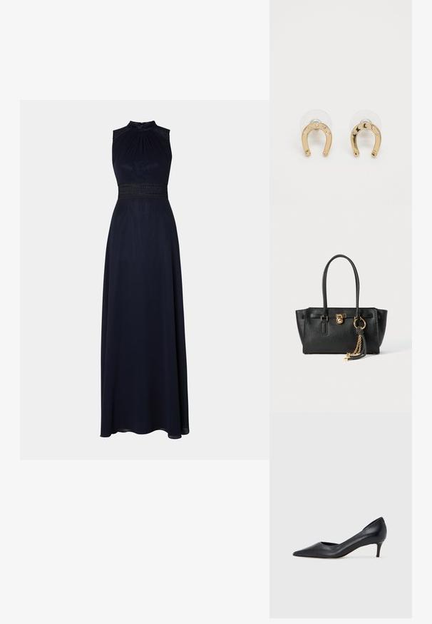 Navy floor-length dress with a halter neck, pleated bodice, and decorative lace waistband. Smooth fabric with a draped, elegant silhouette.; Black leather pump with a pointed toe and low heel. Features a smooth texture and subtle sheen. Open cut at the front for added detail.; Black leather handbag with double handles, gold lock and chain detail, and black-and-white tassel accessory against white background.; Gold horseshoe-shaped stud earrings with six small clear gemstones on each, displayed on transparent backing against a white background.