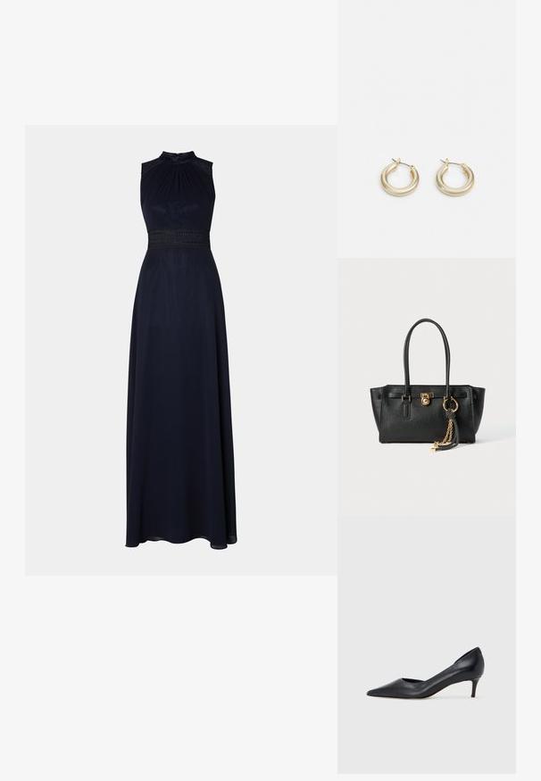 Námořnická dlouhá úroveň šaty s halter krkem, plissovaným korpusem a dekorativním krajkovým pasem. Hladká tkanina s elegantním splývavým siluetou.; Černá kožená lodička s špičatou špičkou a nízkým podpatkem. Má hladkou texturu a jemný lesk. Přední část je otevřená pro zvýraznění detailu.; Černá kožená kabelka s dvojitými uchy, zlatým zámkem a řetízkem, a černo-bílým třásňovým doplňkem na bílém pozadí.; Lauren Ralph Lauren BASIC SMALL HOOP - Náušnice - gold-coloured
