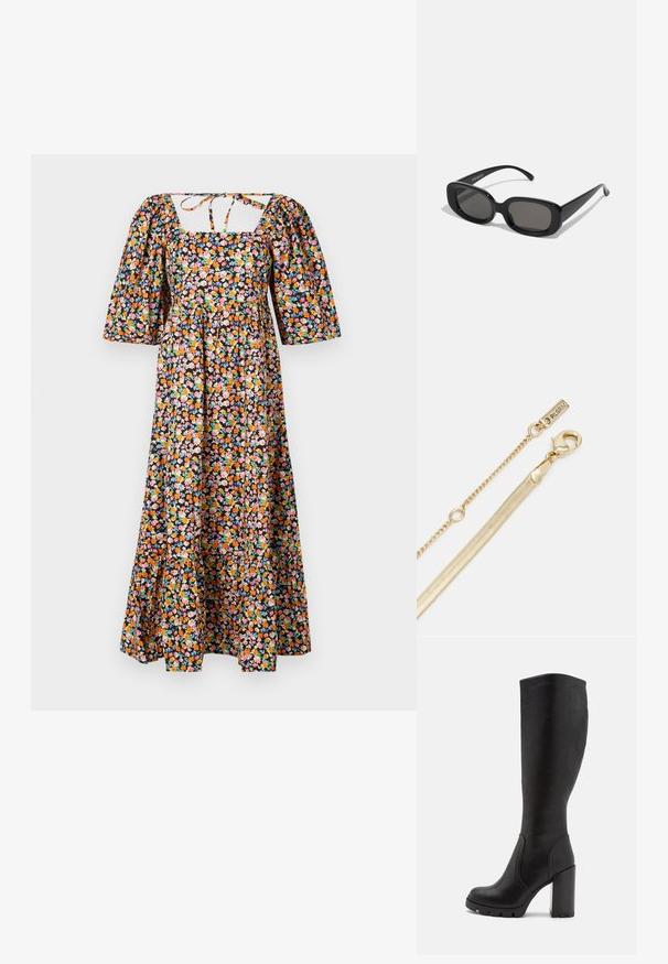 Vestido maxi floral con escote cuadrado, mangas abullonadas y cintura ceñida. Presenta un fondo negro con patrones florales multicolores.; Botas altas negras hasta la rodilla hechas de material suave, con un tacón cuadrado robusto, puntera redondeada y detalles de costura sutiles.; Gafas de sol negras en forma rectangular con lentes oscuros. Montura de plástico grueso, textura suave y bordes redondeados. Las patillas elegantes se extienden hacia afuera.; Cadena de color dorado con un cierre de langosta y una pequeña etiqueta que dice "PILGRIM". Presenta un acabado suave y texturizado, así como un diseño elegante y alargado.