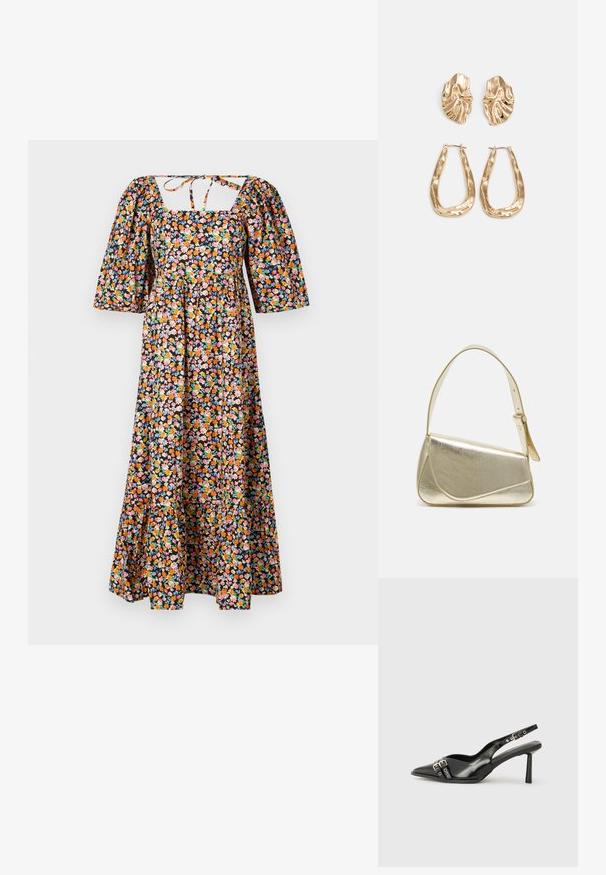 Cvečni maksi obleka s kvadratnim izrezom, nabranimi rokavi in prilegajočim korzetom. Ima črno podlago s pisanimi cvetličnimi vzorci.; Črne patentne usnjene sandale s koničastim nosom, zankami okoli gležnja s srebrnimi sponkami in opremo ter vitkimi petami.; Zlata metalna torbica z urejenim dizajnom, gladko teksturo in nastavljivim trakom. Ima edinstveno trikotno obliko in minimalistično šivanje.; Zlato obarvani uhani z teksturiranimi, valovitimi oblikami. Vključujejo skulpturalne sponke za ušesa in odprto obliko obročka s kladivastim finišem.