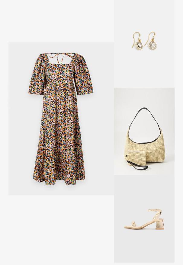 Ziedu maksi kleita ar kvadrātu formas dekoltē, pūkainām piedurknēm un pieguļošu piegriezumu. Rūpīgi izstrādāta ar melnu fonu un daudzkrāsainiem ziedu rakstiem.; Zeltīta metāla augstpapēžu sandale ar stūrveida bloka papēdi, divām siksniņām virs kājas un regulējamu potītes siksniņu. Gluda tekstūra.; Auduma salmu rokassoma ar izliekta siluetu, kas ir aprīkota ar gludu melnu ādas rokturi un atbilstošu mazu maciņu, kas piestiprināts pie plaukstas siksniņas.; Zelta tonī veidotas auskaru piekariņi ar ovālu izgriezumu caurspīdīgām kristālēm, kuras ieskauj mazākas caurspīdīgas akmeņu daļiņas, ar āķveida dizainu drošai valkāšanai.