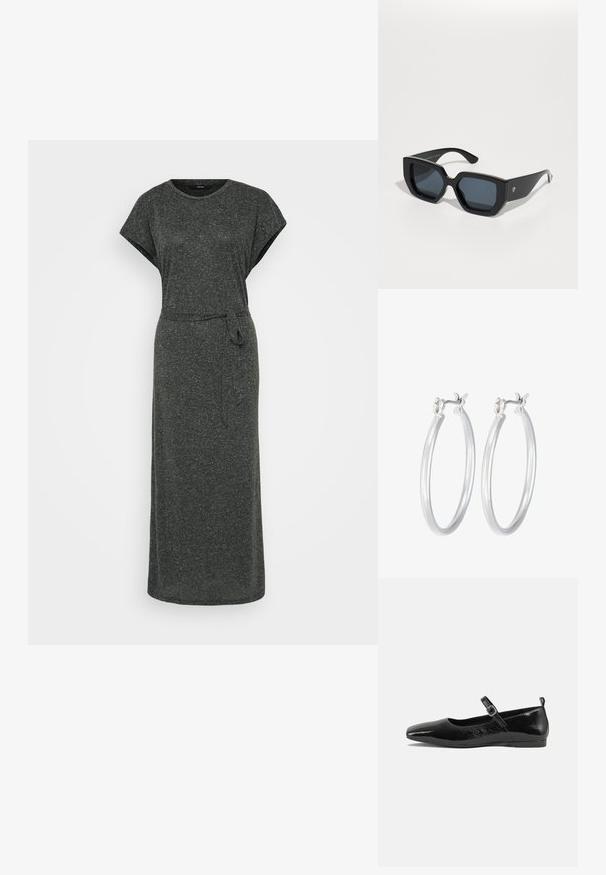 Tumedast hallist värvi maxi kleit, mis on valmistatud pehmest, tekstuuriga materjalist. Omab lühikesi varrukaid, ümmargust kaelust ja ise sidumist vöökohtades.; Mustmust musta nahk king, millel on terav nina, pahkluu rihm koos pandlaga ja sile, läikiv tekstuur. Madal konts mugavuse tagamiseks.; Mustad ümmargused prillid, millel on geomeetriline disain, ristküliku kuju läätsed ja läikiv viimistlus. Ees pole nähtavat brändingut.; Hõbedased rõngaskõrvarõngad, millel on sile, läikiv viimistlus. Ümmargune kuju ja turvaline klõpsulatus. Kerge disain, sobib igapäevaseks kandmiseks.