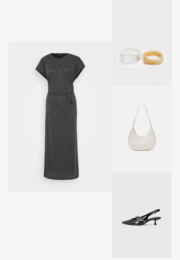 Vestido maxi em cinza escuro, feito de um material macio e texturizado. Apresenta mangas curtas, um decote redondo e um cinto com laço na cintura.; Sapatos de salto alto em verniz preto com bico pontudo, duas tiras com fivelas douradas e um salto baixo. Textura suave.; Saco de ombro em pele creme com formato de crescente, alça fina e detalhe de costura subtil. Design minimalista com acabamentos em metal dourado.; Anéis de resina clara e âmbar, um liso e transparente, o outro com um acabamento texturizado em âmbar. Ambos apresentam designs arredondados e robustos.