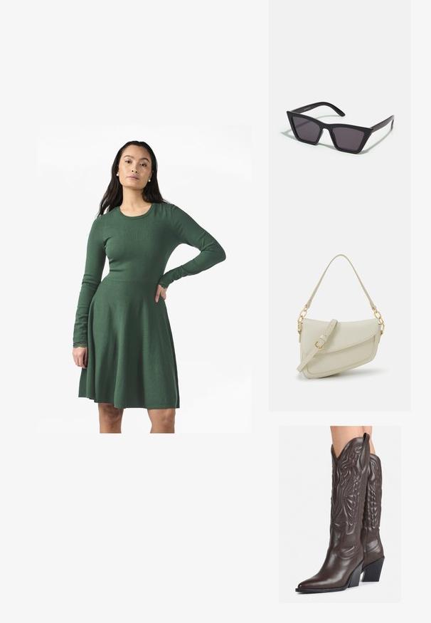 Rochie verde, cu mânecă lungă, dintr-un material tricotat moale. Prezintă un corset ajustat și o fustă evazată, cu accente din dantelă la manșete.; Bocanci de cowboy din piele maro, cu vârf ascuțit și toc pătrat, având cusături detaliate și accente ridicate pe tijă.; Ochelari de soare negri, unghiulari, cu lentile gri; fabricați din plastic, având brațe groase cu o suprafață netedă și fără hardware vizibil.; Geantă mică de crem cu un finisaj texturat, curea lungă și ajustabilă, accent cu lanț și închidere cu clapetă. Detalii din hardware aurie.