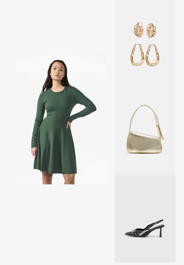 Roheline, pika varrukaga kleit, mis on valmistatud pehmest kootud kangast. Omab voodri kohandatud taljet ja laienevat seelikut, millel on pitsaktsendid varruka servadel.; Must musta nahk kingad sanga ja terava ninaga, ankle strapidega, millel on hõbedased pandlad ja riistvara ning õhuke konts.; Kuldmetallist käekott, millel on struktureeritud disain, sile tekstuur ja reguleeritav rihm. Omab ainulaadset kolmnurkset kuju ja minimalistlikku õmblust.; Kuldse värvi kõrvarõngad, mis on kaunistatud tekstuursete ja laineliste kujunditega. Komplektis on skulpturaalsed klamber kõrvarõngad ja avatud rõngasdisain, millel on lõhestatud viimistlus.