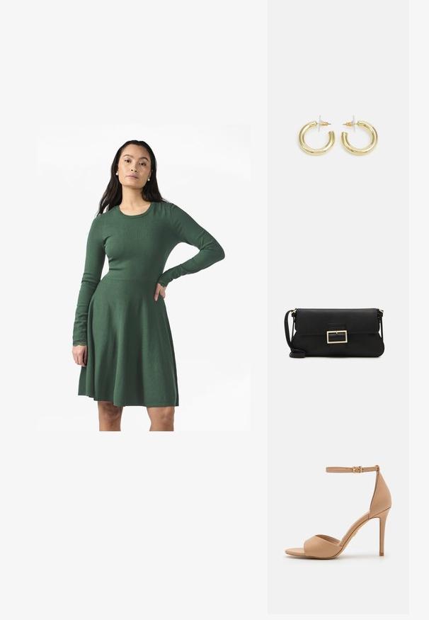 Rochie verde, cu mânecă lungă, dintr-un material tricotat moale. Prezintă un corset ajustat și o fustă evazată, cu accente din dantelă la manșete.; ALDO CRERIDE PILLOW WALK - Sandale - beige; Geantă de mână din piele neagră, cu clapetă și un detaliu din metal auriu. Include o curea neagră și un design elegant, minimalist.; Cercei cercuri din aur cu un finisaj neted și strălucitor. Design circular cu un mic suport și un spate transparent pentru o purtare sigură.