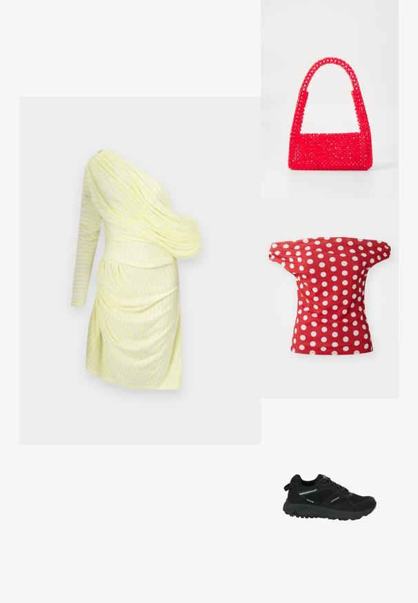 Sukienka na jedno ramię w jasnym żółtym kolorze z białymi paskami, z drapowaniem, długim rękawem i marszczeniem w okolicy talii.; Czerwona bluzka z krótkim rękawem o dekolcie odkrywającym ramiona, w białe kropki. Wykonana z gładkiego materiału o dopasowanym kroju.; Czarne, wodoodporne buty turystyczne z siateczkowymi panelami, teksturowaną podeszwą, okrągłym noskiem i odblaskowymi sznurowadłami. Posiadają logo oraz pętelkę na pięcie.; Czerwona torebka wykonana z plastikowych koralików, z kwadratową podstawą i zakrzywionym uchwytem. Powierzchnia ma teksturowane, błyszczące wykończenie z wzorem koralików.