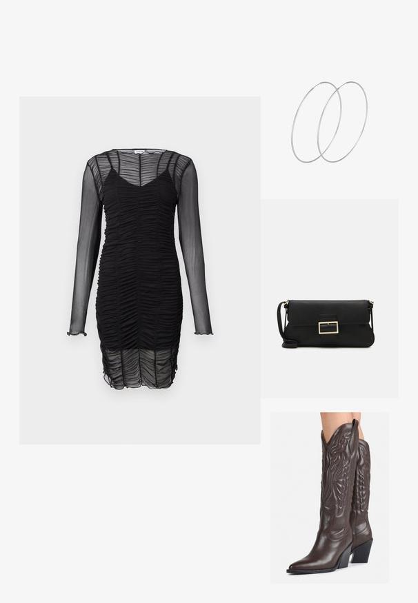 Črna dolga obleka s dolgimi rokavi iz nabrane prosojne tkanine. Ima V-izrez in oprijet kroj, z diskretnimi naborki na robovih rokavov.; Rjave usnjene kavbojske čevlje z ostrim nosom in blok peto, ki vsebujejo podrobno šivanje in dvignjene dodatke na zgornjem delu.; Črna usnjena torbica na preklop z zlato kovinsko zaponko. Vključuje črn trak in eleganten, minimalističen dizajn.; Srebrne uhane v obliki obroča z minimalističnim dizajnom. Krožna oblika, gladka tekstura in tanek profil. Lahki s poliranim zaključkom.